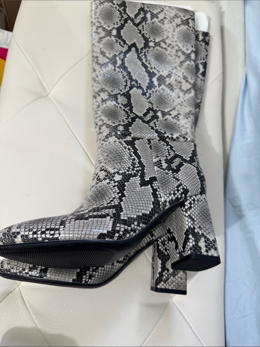 Kendall & Kylie Black and White Snake-Print Mid-Calf Block Heel Boots